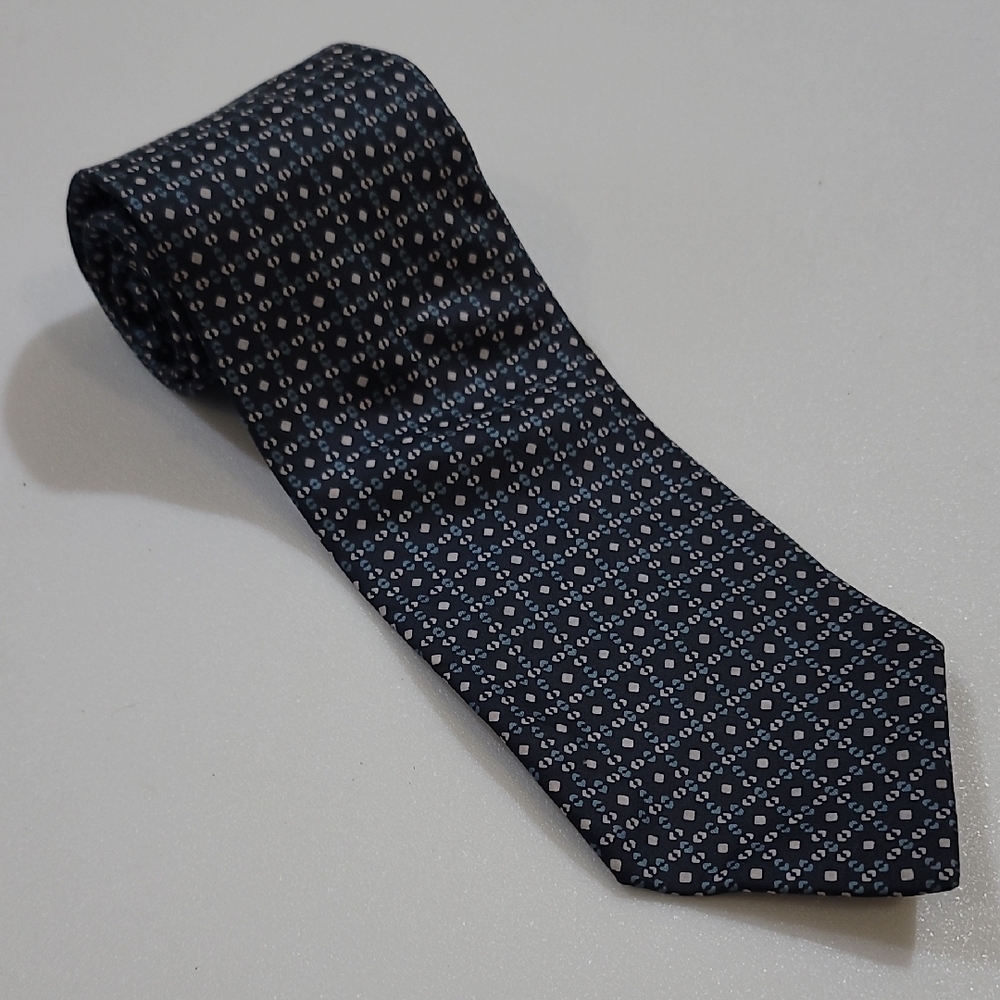 The Emporium Silk Tie Made In Italy Navy Blue Background Geometric Pattern